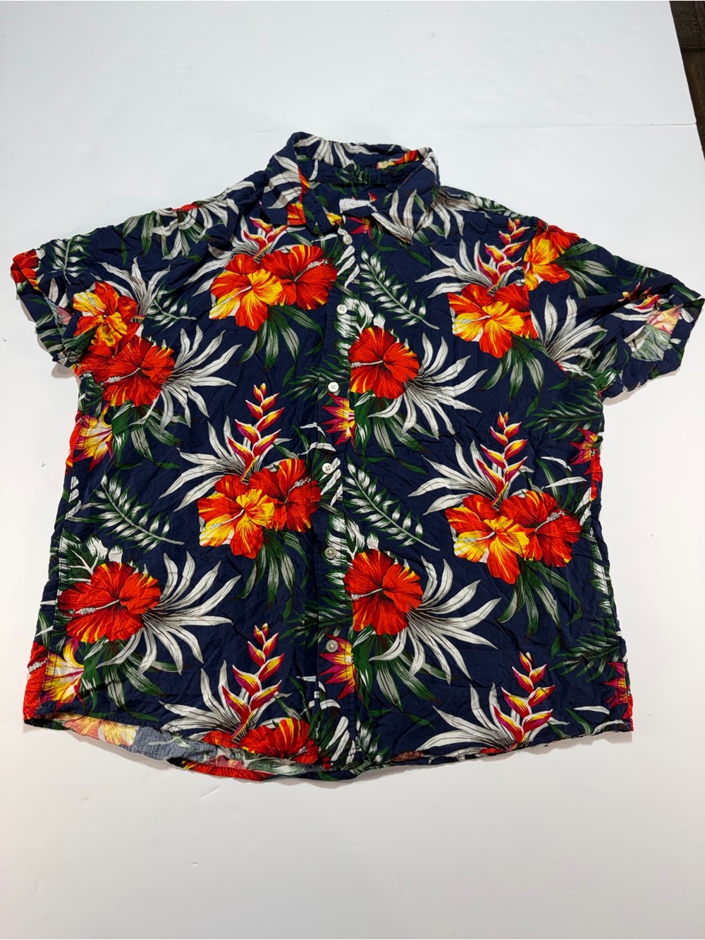 Cotton & Co. Navy Blue Tropical Hibiscus Floral Hawaiian Shirt XL